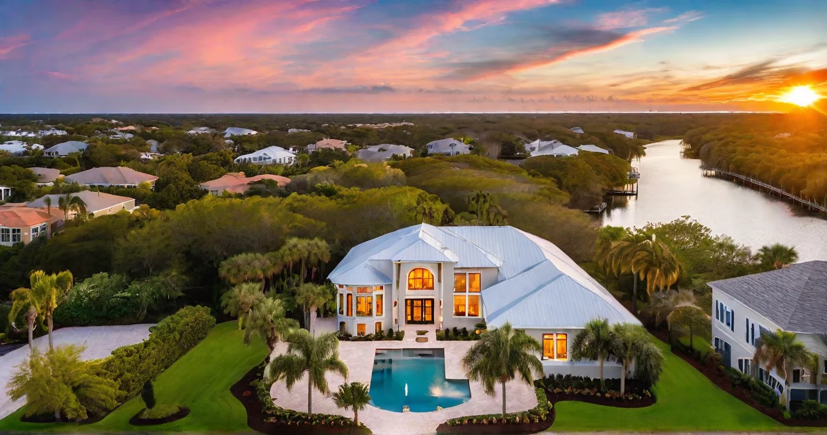 Aerial view of Tampa Bay luxury waterfront homes at sunset showcasing waterfront estates