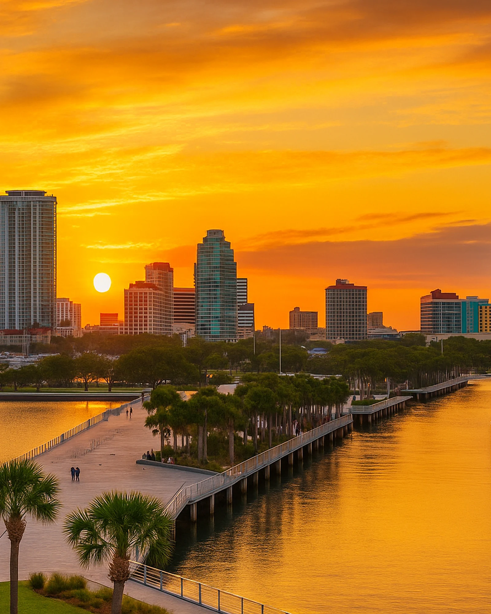 Downtown St. Petersburg waterfront skyline at twilight