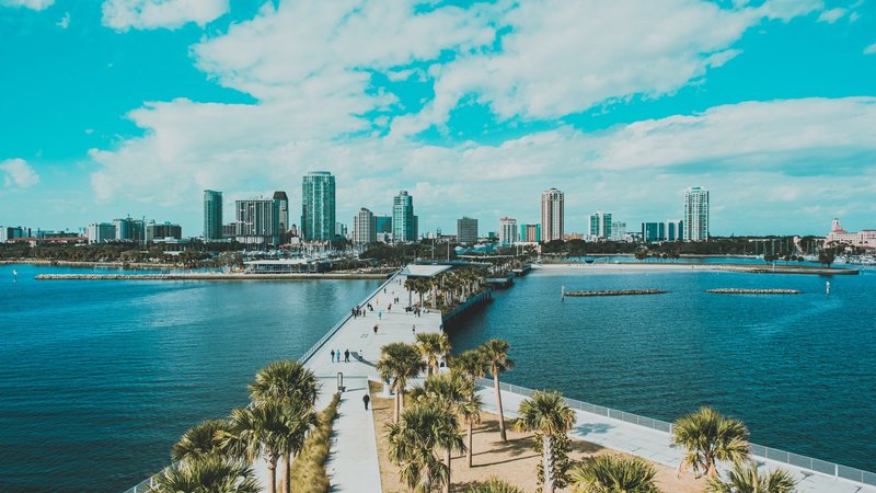 Aerial view of the St. Pete Pier and downtown St. Petersburg skyline