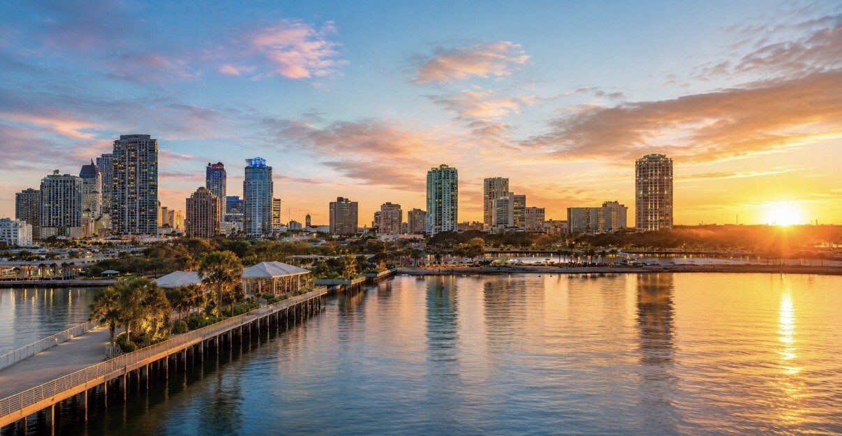 Downtown St. Petersburg skyline at sunset over Tampa Bay