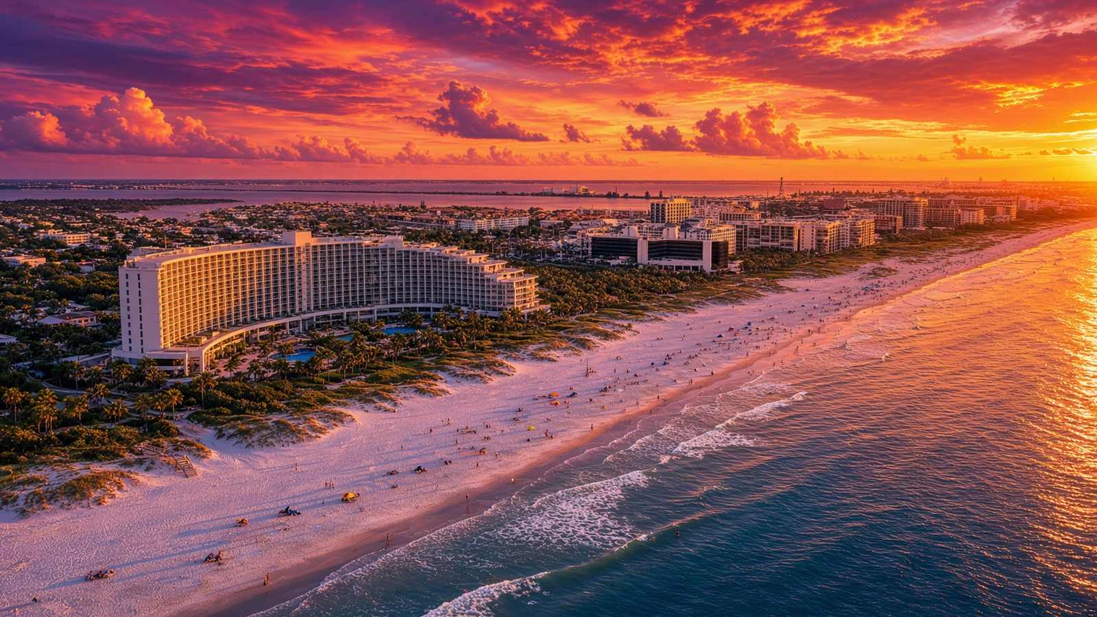 Cocoa Beach oceanfront at sunset, aerial view